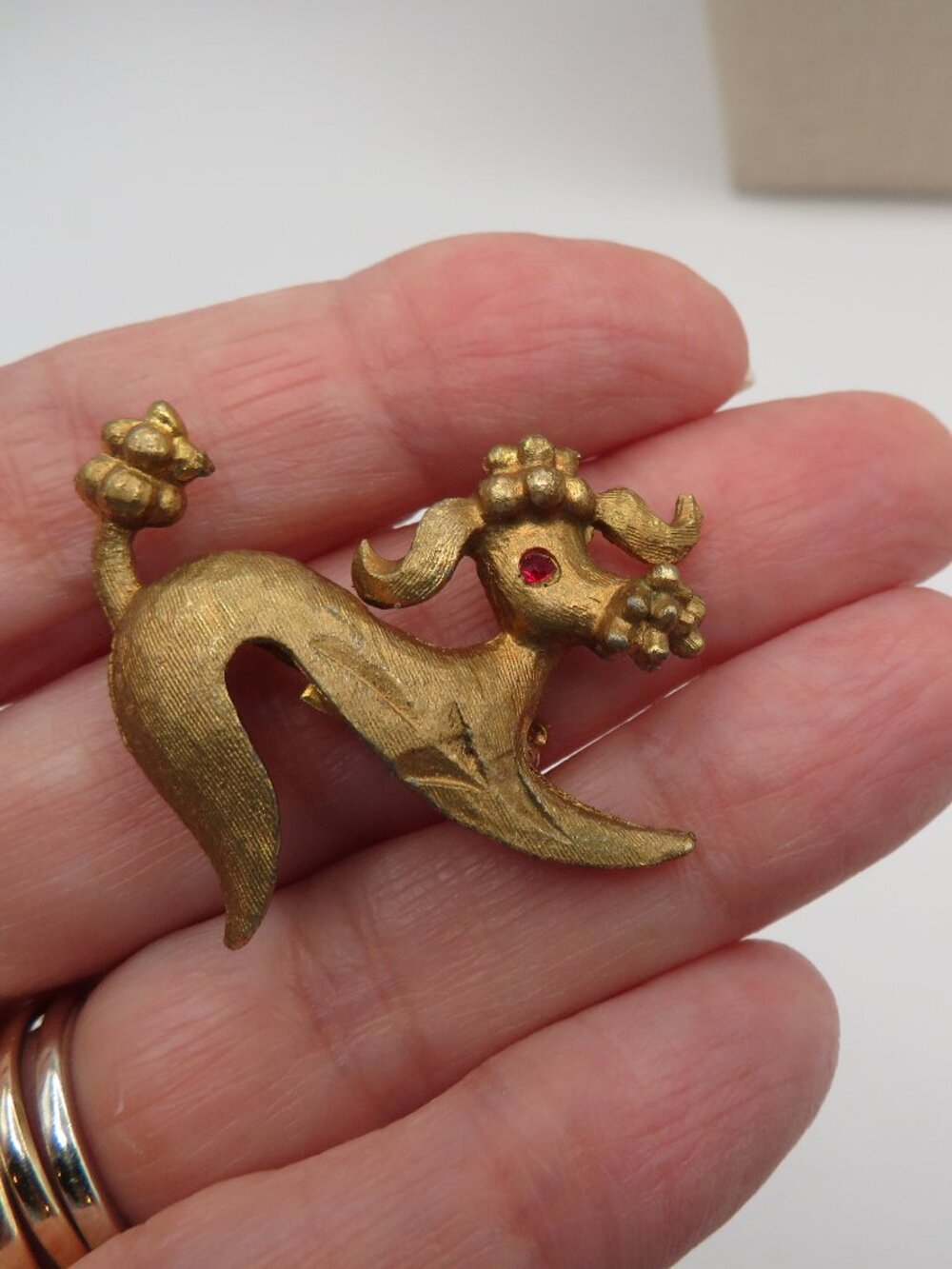 Vintage Mamselle 60s Poodle Red Rhinestone Accent Gold Tone Brooch